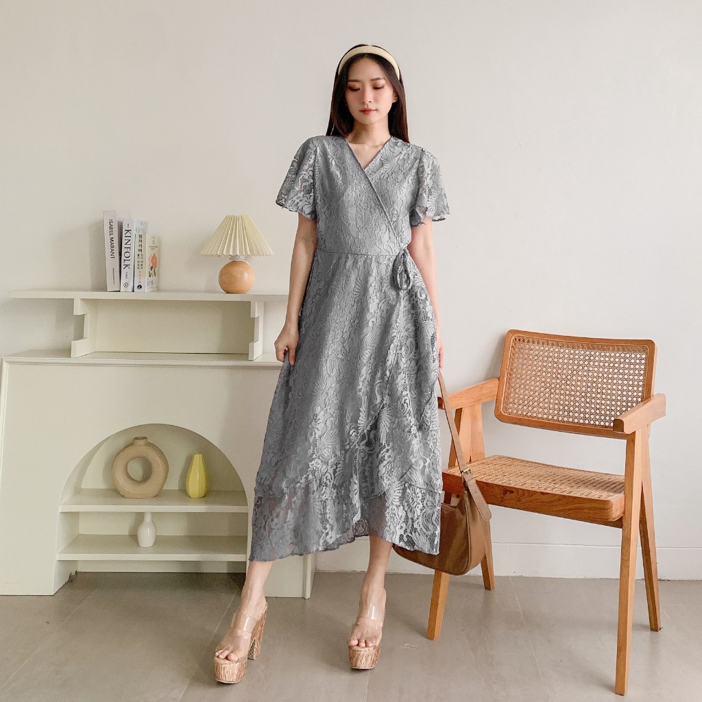 dress brokat wanita panjang selutut lengan pendek full color bestseller