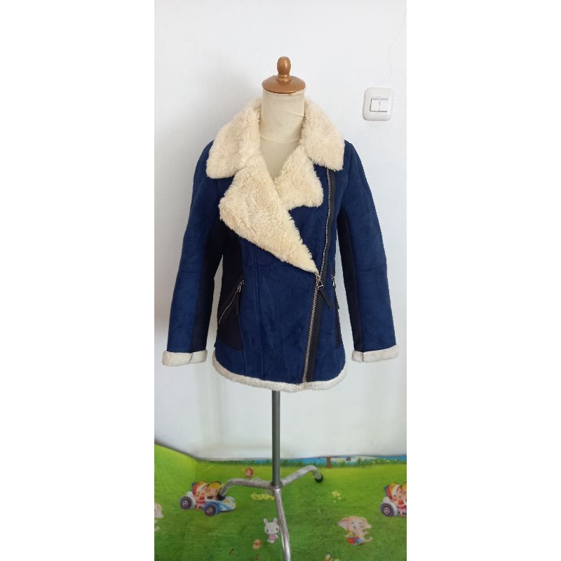 Blue-Navy Sherpa Suede Ramones Jacket by Jack & Jill