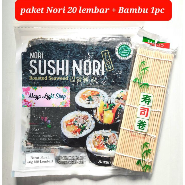 

Murah Paket sushi nori 20 lembar + 1bambu makisu penggulung bambu sushi nori dry seaweed manjun takokaya sakao halal rumput laut