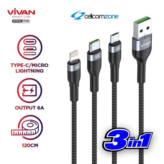 VIVAN Kabel Data 3 in 1 Fast Charging 6A Micro USB Lightning Type C VYT120 Black - Garansi Resmi 1 T