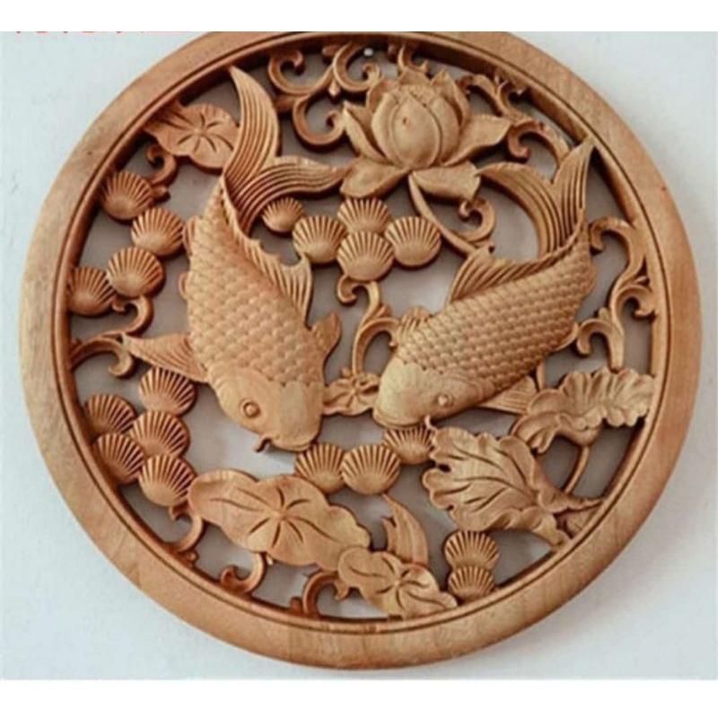 hiasan dinding relief ikan koi bulat kayu jati hiasan dinding relief jati