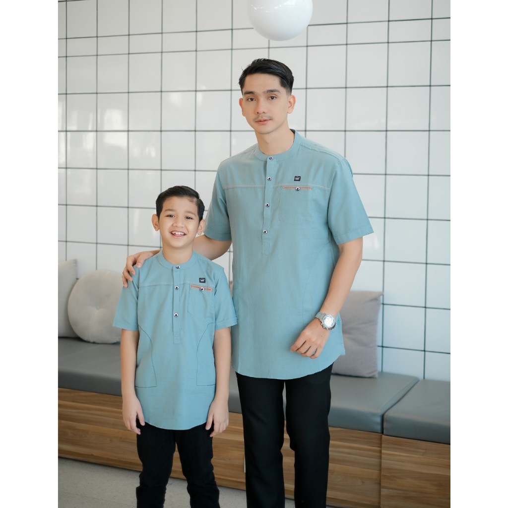 Imfaiz Baju Koko Couple Series Ayah Anak Lengan Pendek Katun Linen Washing - Biru Wardah