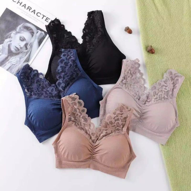 LA Paris renda Bra BH Sport renda Wanita Tanpa Kawat Bahan Halus Bralette Elastis Sexy dengan Busa I