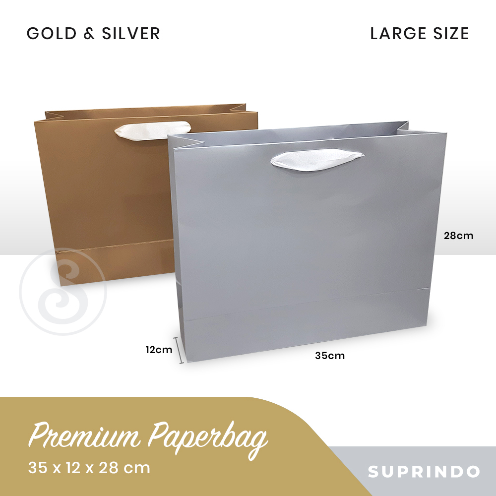 

Paper Bag Premium / Kantong Kado Besar Silver & Gold TEBAL uk. 35 x 12 x 28 cm