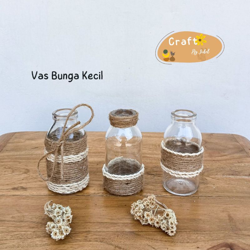 Vas Botol Kaca Tali Rami Kecil & Bunga Kering/ Botol Kaca Dekorasi Aesthetic ukuran 100ml