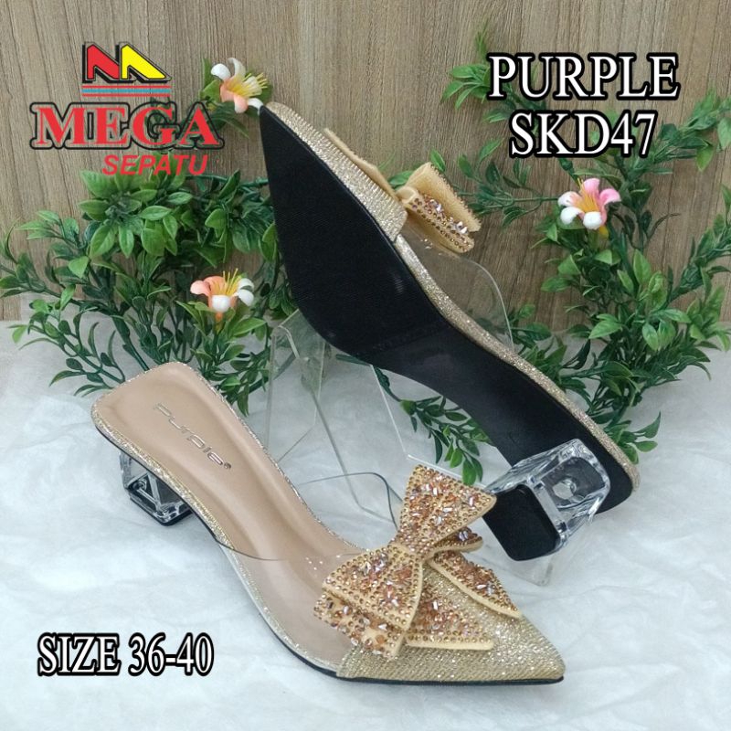 SLOP PESTA WANITA TERBARU TINGGI HAK KACA 3CM MEREK PURPLE SKD47 GOLD