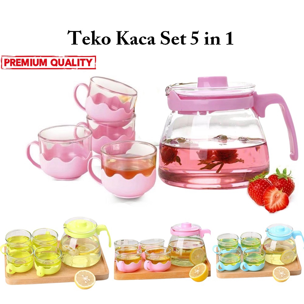 Teko Kaca Set Isi 5 Pcs Tea Pot / Set Teko Gelas Cangkir / Teko Teh Teko Kopi Set Tempat Minum Kopi 