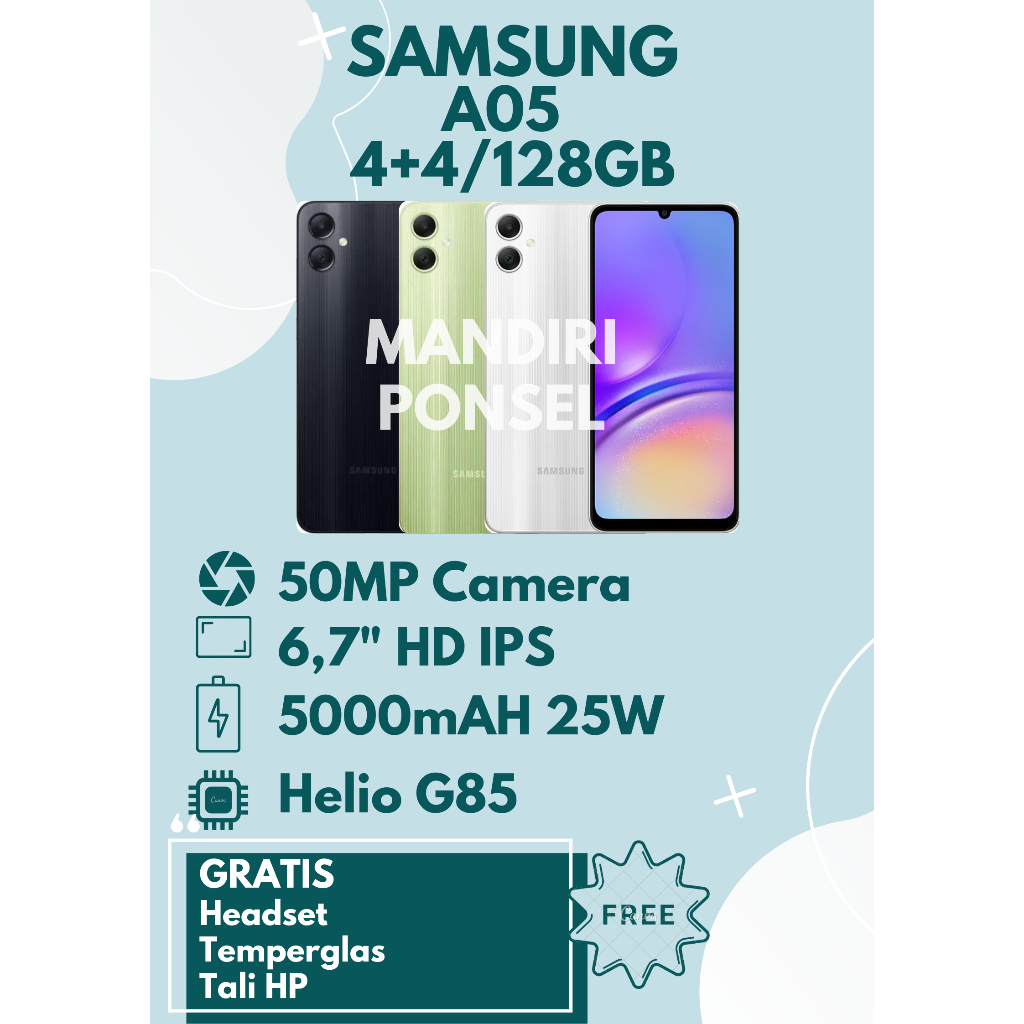 SAMSUNG A05 RAM 8GB (4+4 EXTEND/128GB) GRATIS HEADSET, TEMPERGLAS dan TALI HP