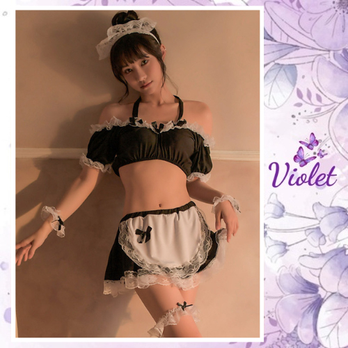 Violet Lingerie Sexy Kostum Maid Seragam Pelayan Jepang Renda Pita Babydoll Sabrina Eksotis 1359