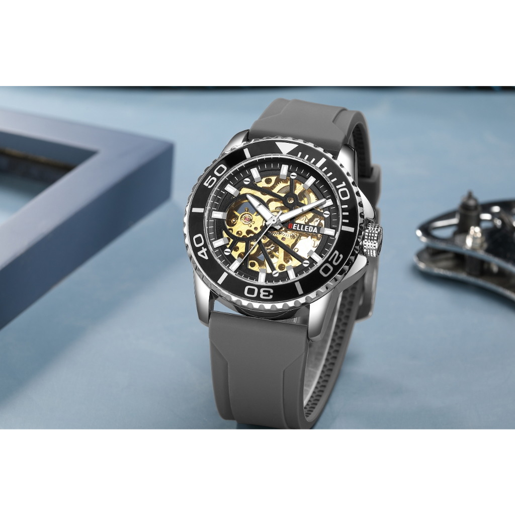 Jam Tangan Pria BELLEDA  Automatic 9485 Rubber Quartz Original Tahan Air