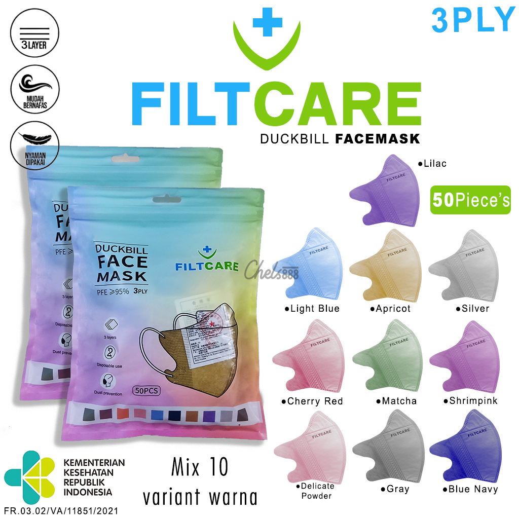 Masker Filtcare Duckbill Earloop 3ply 50 pcs Mix 10 Warna
