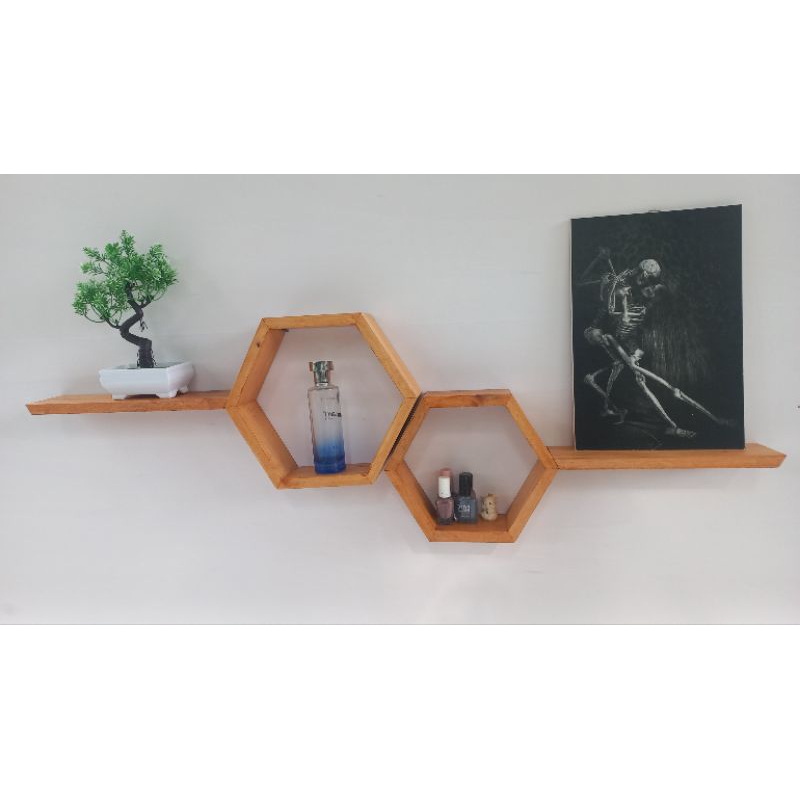 Rak Dinding Kayu Aesthetic Hexagonal / Pajangan dinding Minimalis / Dekorasi dinding kayu