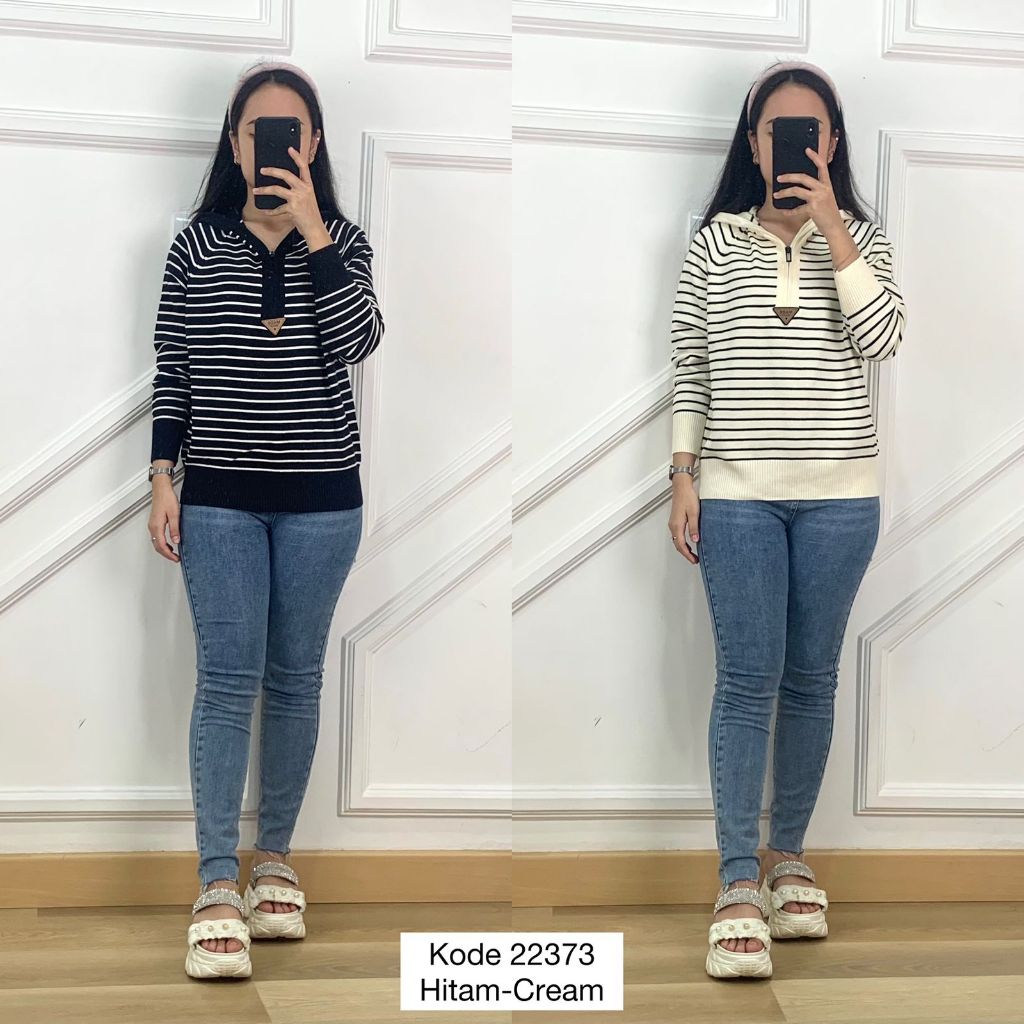 22373 OUTER JAKET HOODIE FULL ZIPPER DEPAN VARIASI MOTIF GARIS SALUR TANGAN PANJANG PREMIUM WANITA J