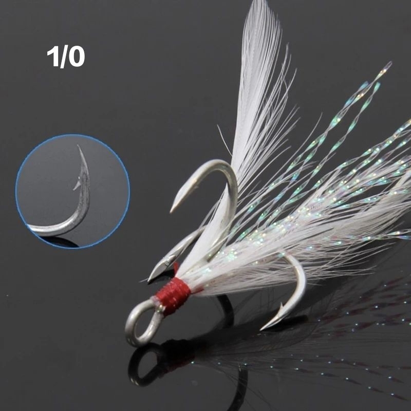 TRIBLE HOOK 1/0 LENGKAP BULU AYAM & BULU MUTIARA SIAP PAKAI. UMPAN TENGGIRI/ AKSESORIS SPOON UMPAN T