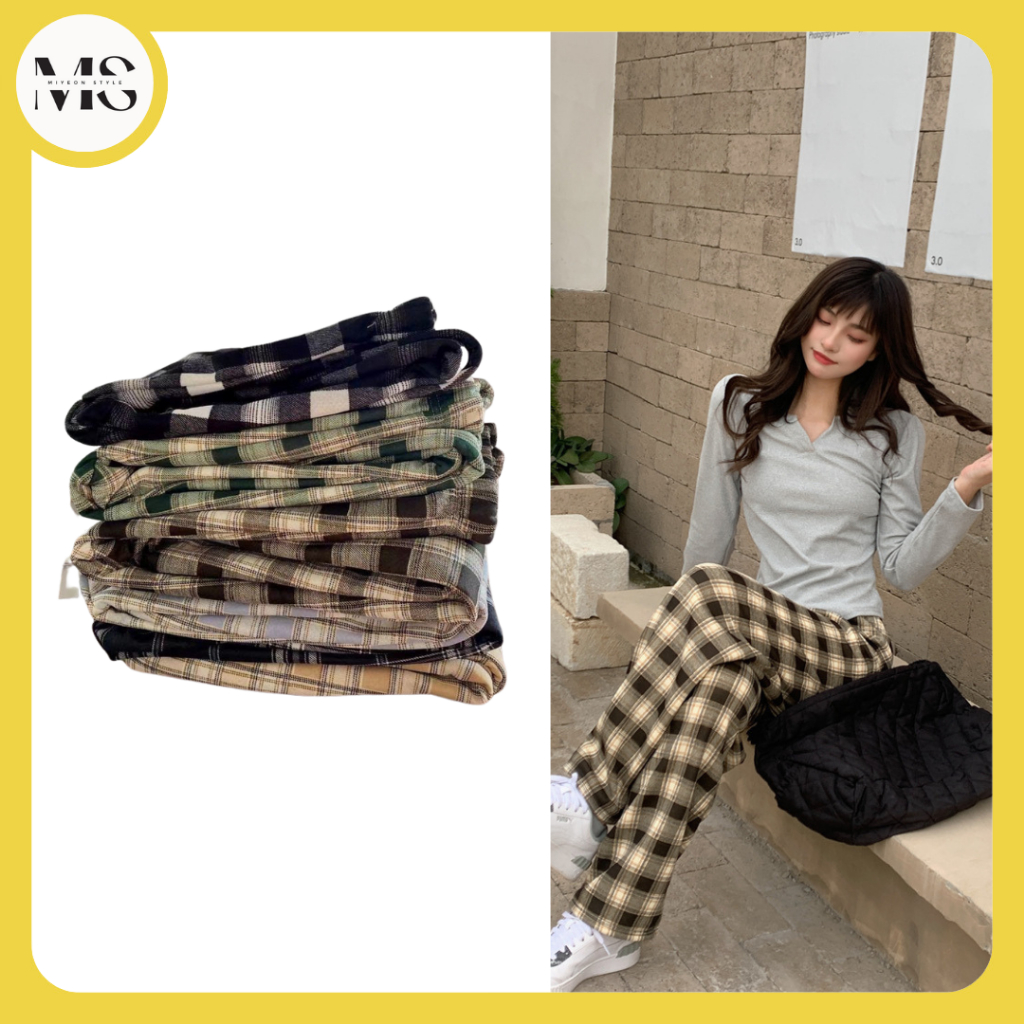 *Miyeon* 280 Celana Panjang Wanita Motif Kotak - Kotak Celana Tartan Korean Style