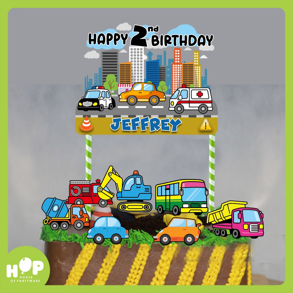 Topper Cake CAR MOBIL Transportasi + Custom Nama Hiasan Ulang Tahun