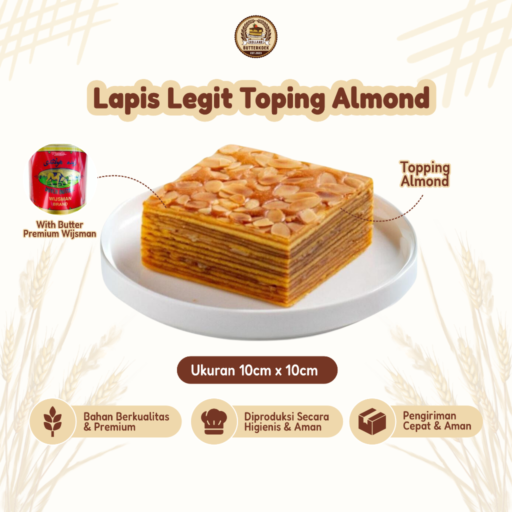 

Lapis Legit Premium Toping Almond Moist Full Wisman Butter Ukuran 10cm x 10cm