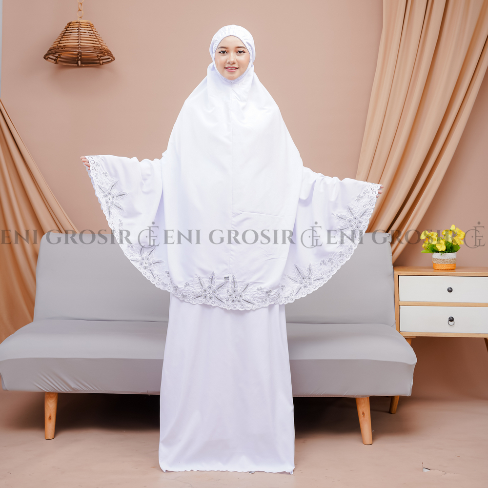 Mukena Dewasa Full Bordir Katun Mikro Premium Mewah Jumbo Terbaru / Warna Putih