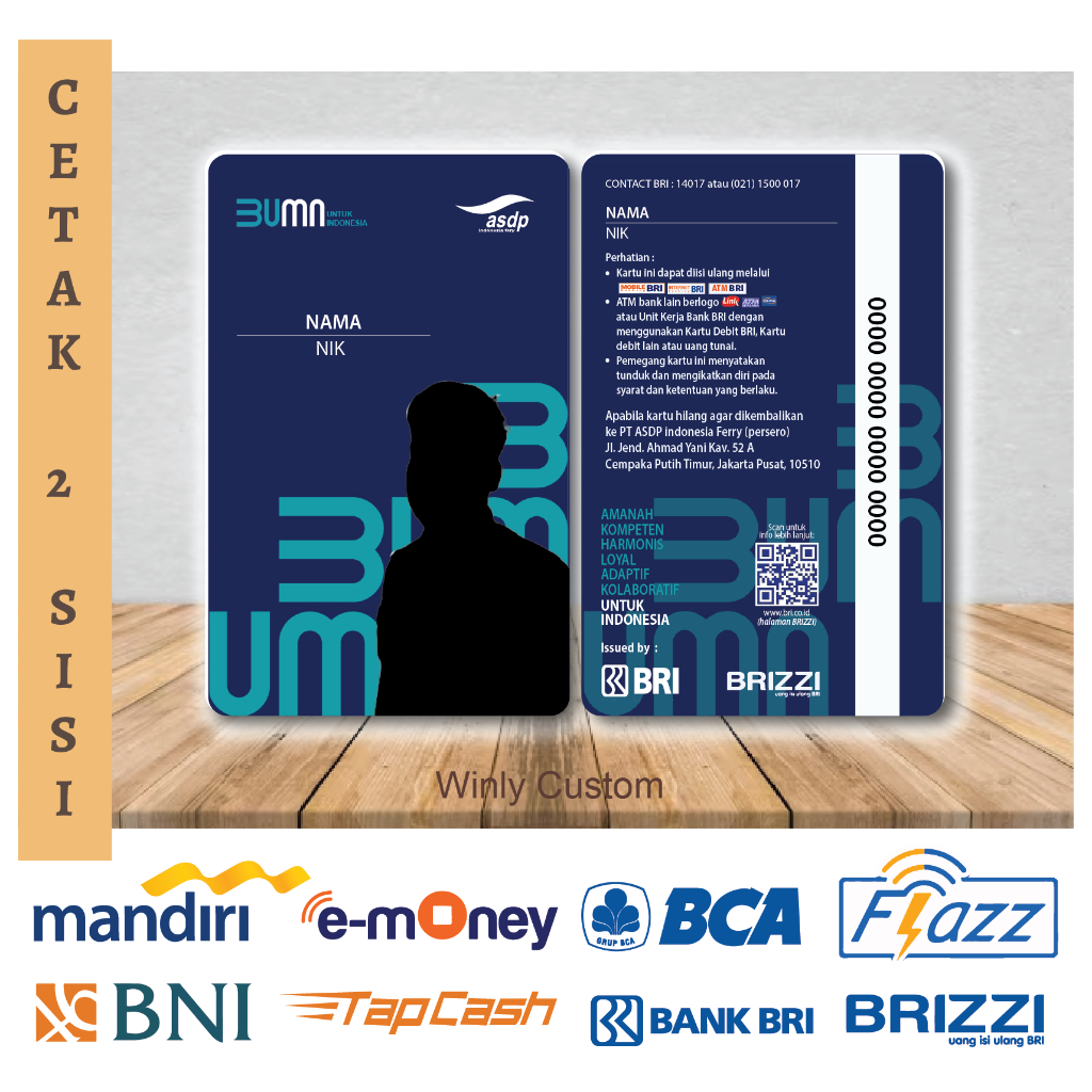 KARTU E MONEY ID CARD ASDP KARTU PEGAWAI BUMN ETOLL EMONEY MANDIRI FLAZZ BCA TAPCASH BRIZZI - 2 SISI