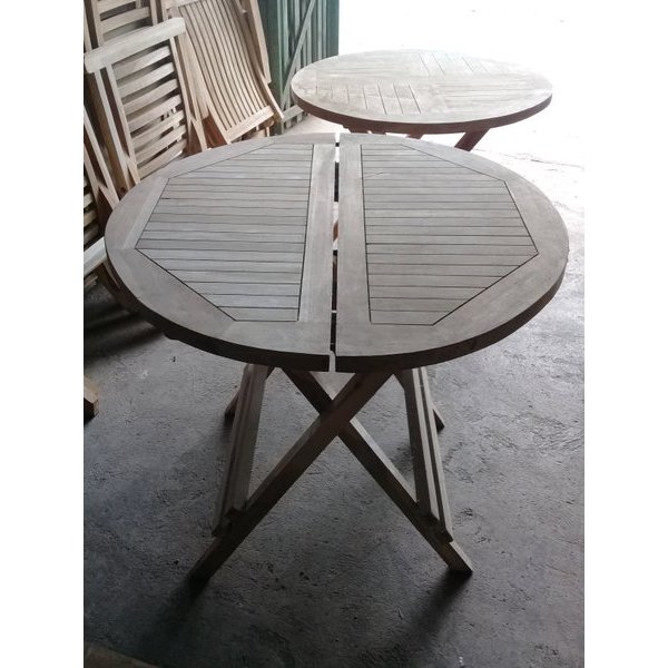 meja makan bulat lipat praktis kayu jati kaki silang