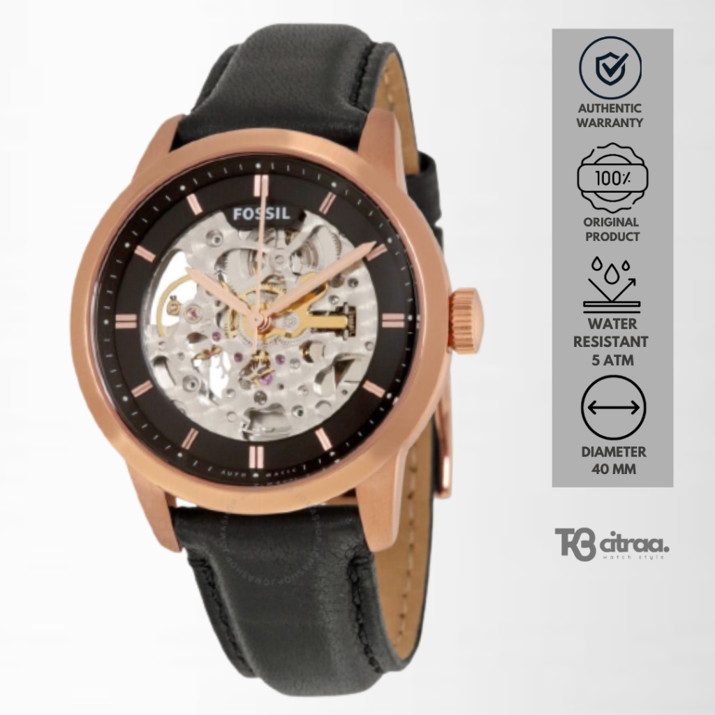 jam tangan fossil automatic pria townsman analog strap kulit cowok hitam black leather water resistant casual elegant original ME3084