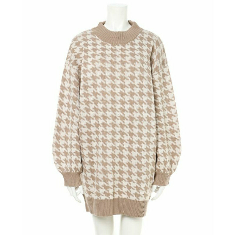 Koleksicomel.id Rajut Long Tunik Motif HS || Dress Motif HS Houndstooth Warna Coksu Brand INGNI || A
