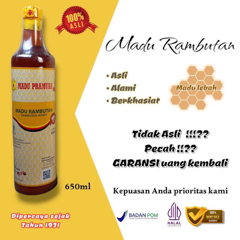 

Madu Rambutan Merk PRAMUKA 650ml Madu Asli -Terjamin-