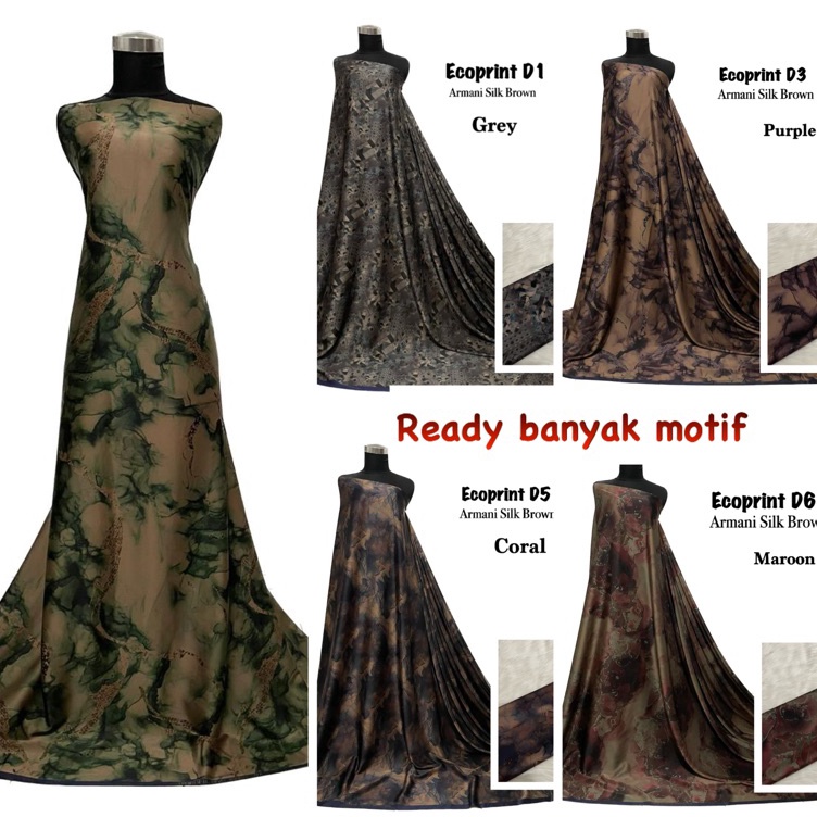 Bahan Kain Armani silk brown ecoprint mewah / armany silk abstrak / kain silk meteran gamis mukena