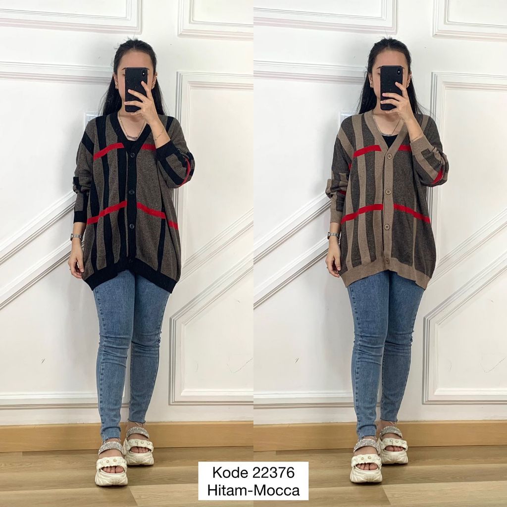 22376 OUTER CARDI RAJUT MIX GARIS MERAH KERAH V NECK FULL KANCING DEPAN TANGAN PANJANG PREMIUM WANIT