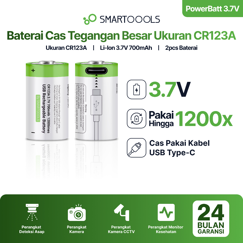 Baterai Cas Isi Ulang 2pcs Smartoools Powerbatt CR123A 3.7V Type-C USB Rechargeable Lithium Battery Charge