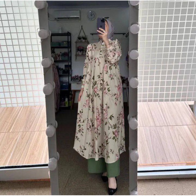 best deals setelan long tunik motif bunga jasmine kecil bahan rayon diamond celana cringkel