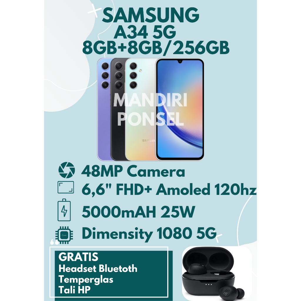 SAMSUNG A34 5G RAM 16GB (8+8 EXTEND/256GB) GRATIS HEADSET BLUEETOOTH, TEMPERGLAS dan TALI HP