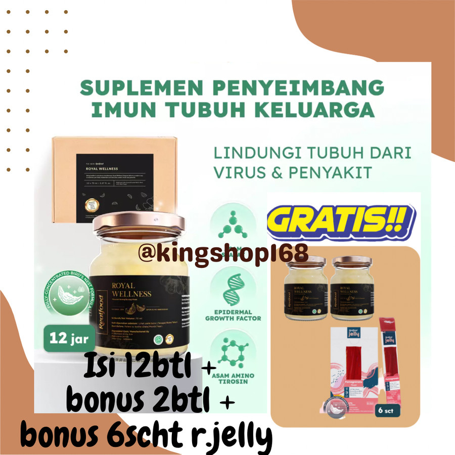 

Realfood Royal Wellness Minuman Sarang Burung Walet 99% Concentrate Isi 12jar Free 2jar Lagi