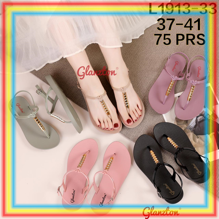 L1913-33 Sepatu Sandal Jepit Wanita Glanzton Sendal Cewek Jelly Tali Belakang Kabel Mahkota Glanzton