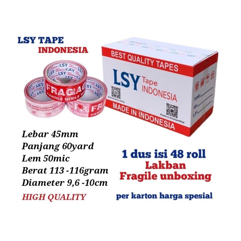

lakban fragile unboxing mix 60yard 1 dus isi 48 roll LSY TAPE INDONESIA ( CBM )