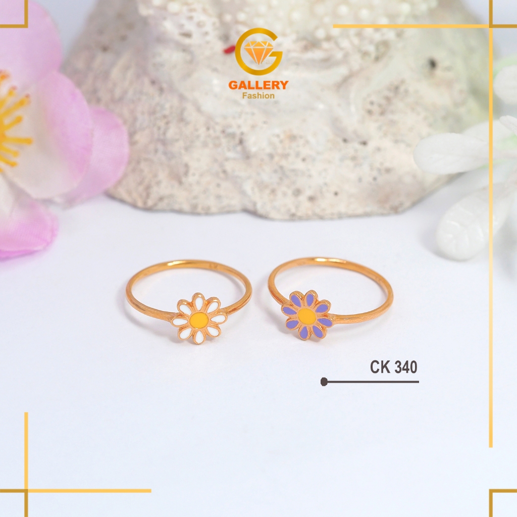 Perhiasan Cincin Emas Asli Kadar 375% (8k) Dan 300% (6k) Model Bunga daisy Putih Dan Ungu Kode CK 34