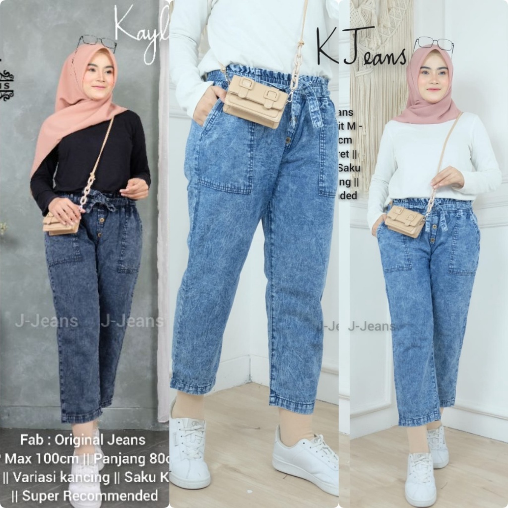 Celana Jeans Terbaru KAYLA #3 / Celana Baggy Jeans Kancing Snow High Waist dengan Tali Gesper Korean