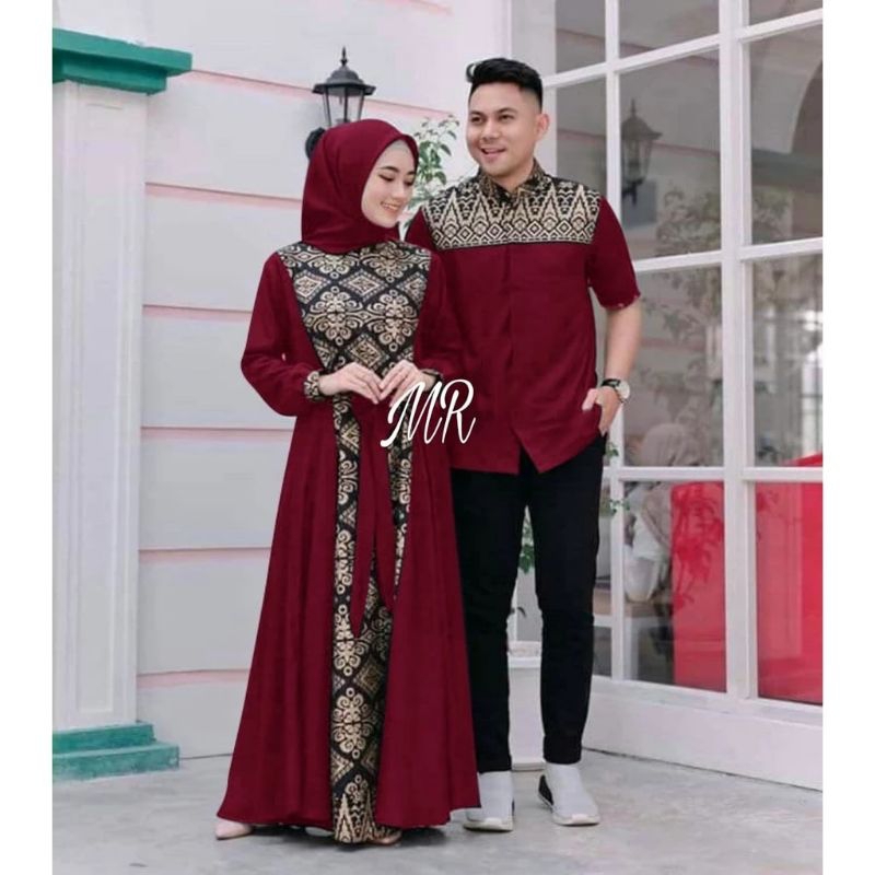 Couple Gamis Kemeja Batik Modern Kombinasi Polos - Size M / L / XL / XXL Terbaru Gamis Wanita Maxy Dress Muslim Kondangan Baju Batik Pria Wanita Murah Kekinian