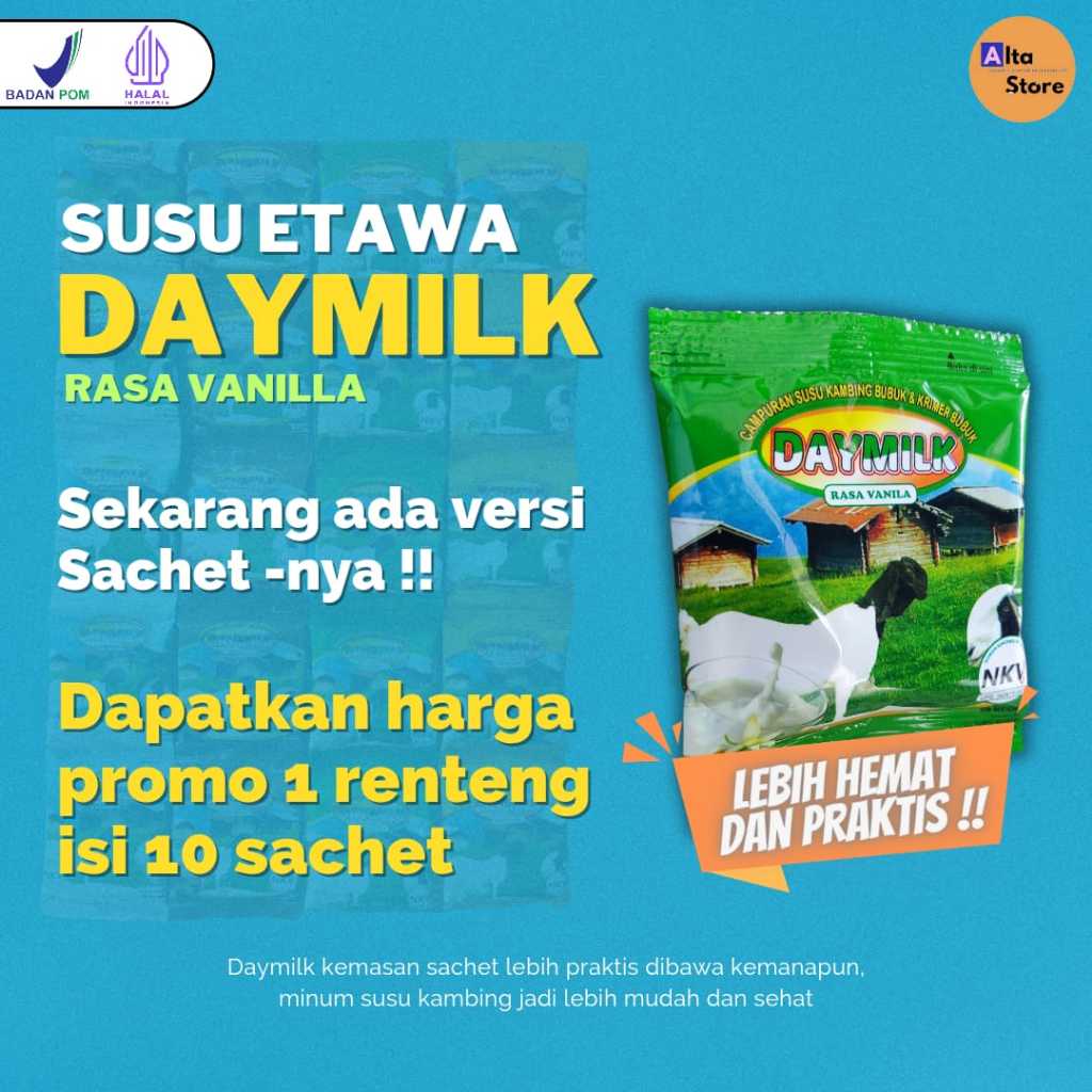 

Daymilk Sachet Rasa Vanila, Susu Kambing Etawa Murni Untuk Kesehatan, Atasi Masalah Persendian dan Pernafasan, 200gr, Halal Bpom - KUPANG