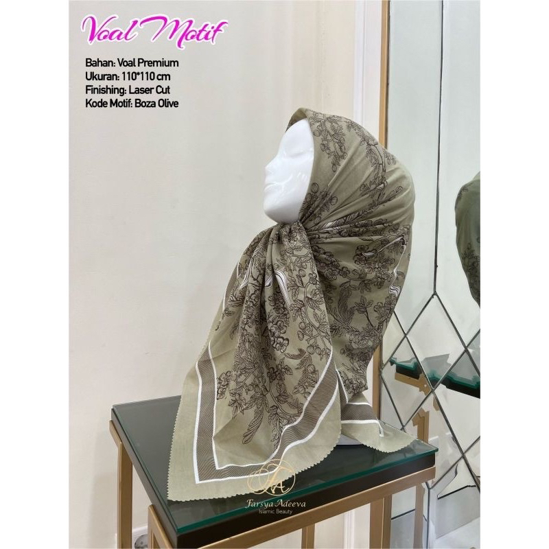 Hijab Segi Empat Voal Motif Boza Warna Olive Kerudung Jilbab Murah Terbaru