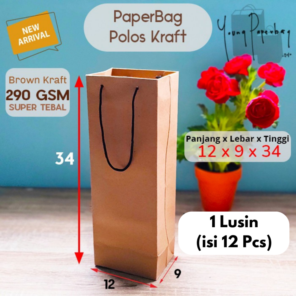 

Paper Bag / Tas Kertas Botol Wine Tumbler Kraft Uk. 12x9x34 (1 lusin)