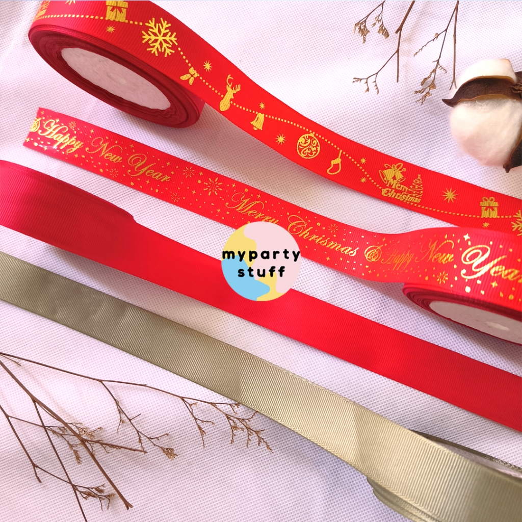 

[1 Yard/90 cm] Pita Grosgrain Natal dan Tahun Baru Pita Kado Hampers 1 inch 2,5 cm 25mm Gros Grain Merry Christmas Xmas Happy New Year