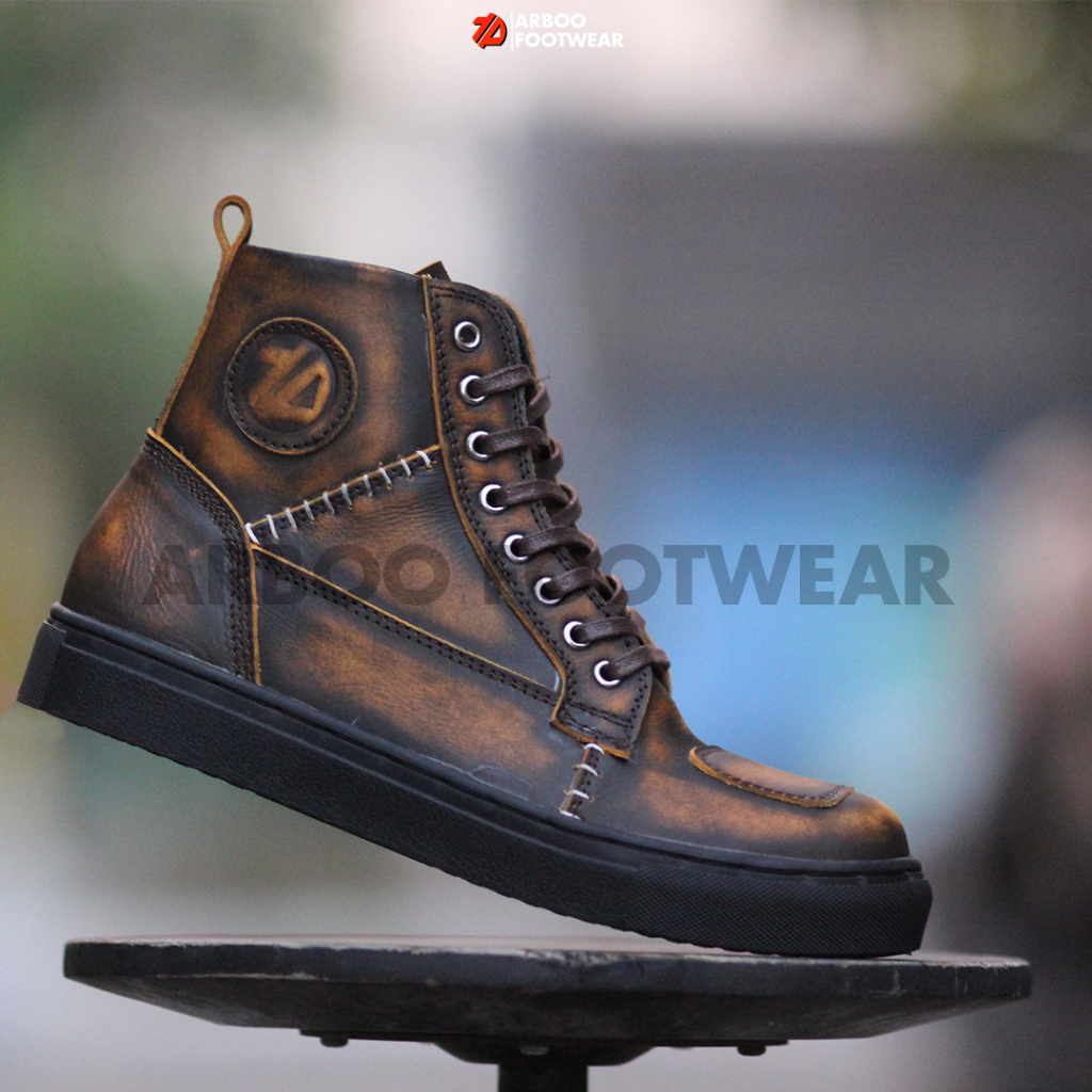 Sepatu kulit premium pria asli sneakers boots kasual motor touring