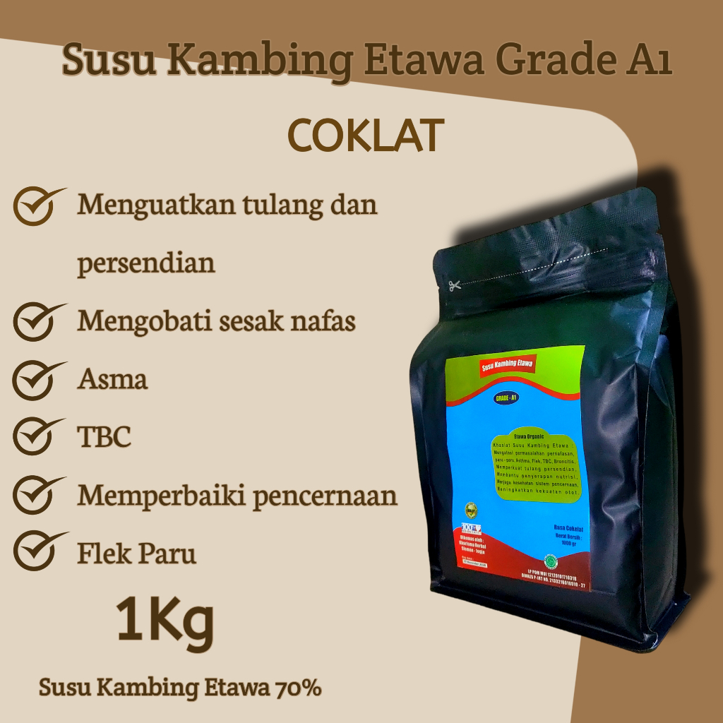 

Susu kambing Etawa Bubuk Grade A1 Rasa Coklat Kemasan 1kg mengobati asma tbc menguatkan tulang dan sendi