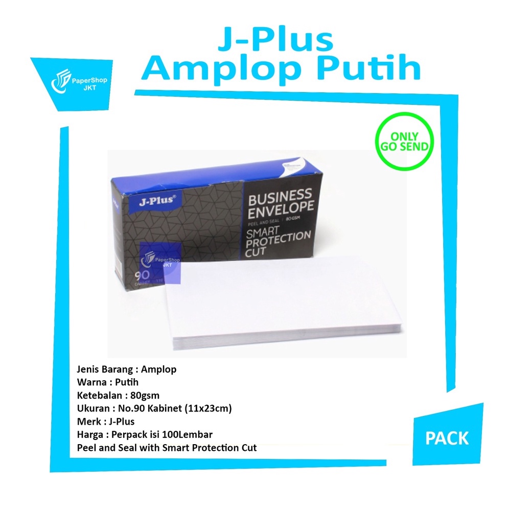 

Harga Termurah.. JPLUS - Amplop Putih Biru Polos NO.90 Kabinet 80Gsm HIQ