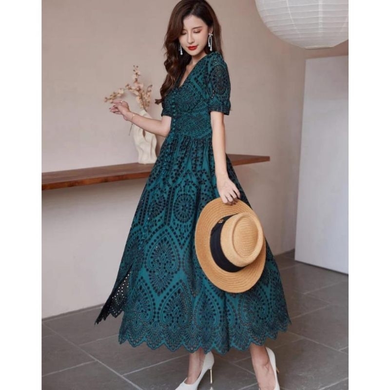 51200 Fashion maxi long gaun dress dres panjang lengan pendek katbol katbolong brokat brukat bkk ban