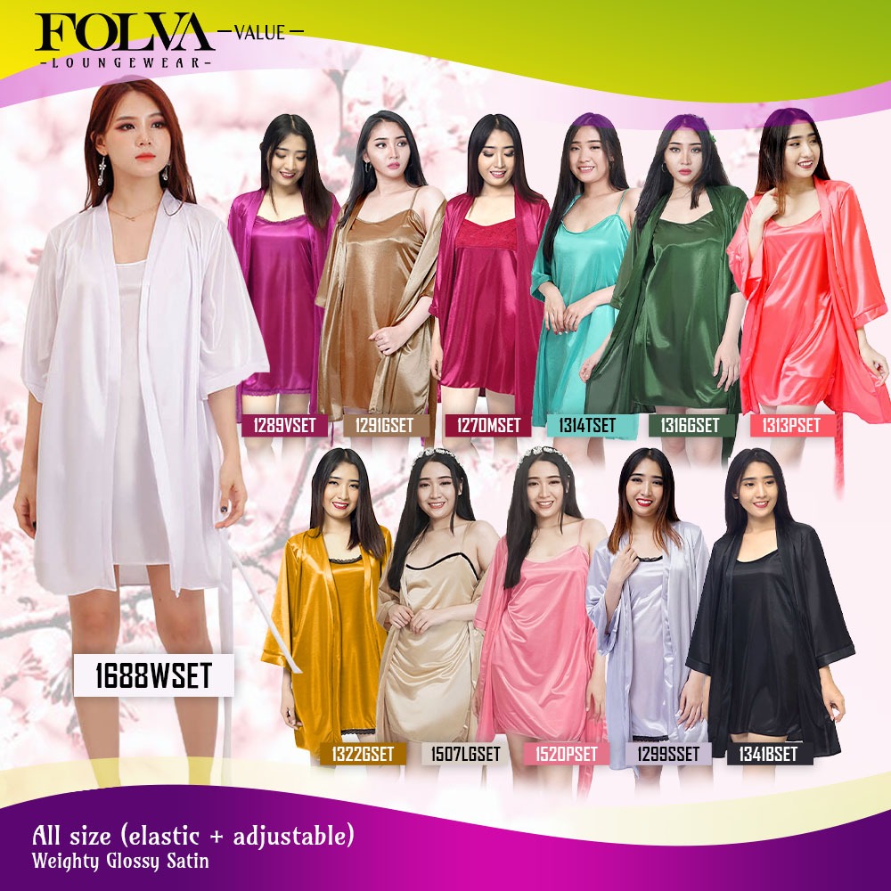 FOLVA kimono set dress pendek baju tidur satin all size