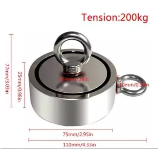 SS304 SuperStrong D75 Sea Fishing Magnet Neodymium N52 2 Side 2Eyebolt