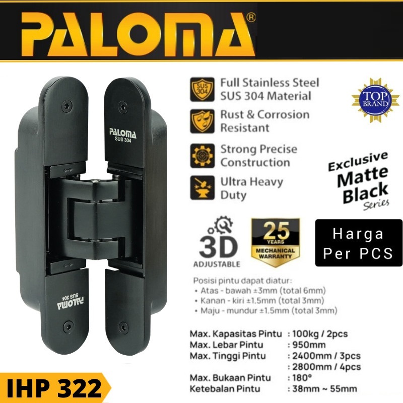 IHP 322 PALOMA BLACK INVISIBLE HINGE CONCEALED HINGE ENGSEL TANAM ENGSEL TANAM PINTU ENGSEL PINTU