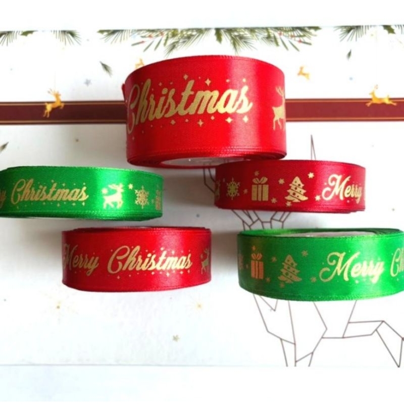 

Pita Natal Satin Tulisan Merry Christmas Berwarna Emas Harga per Rol